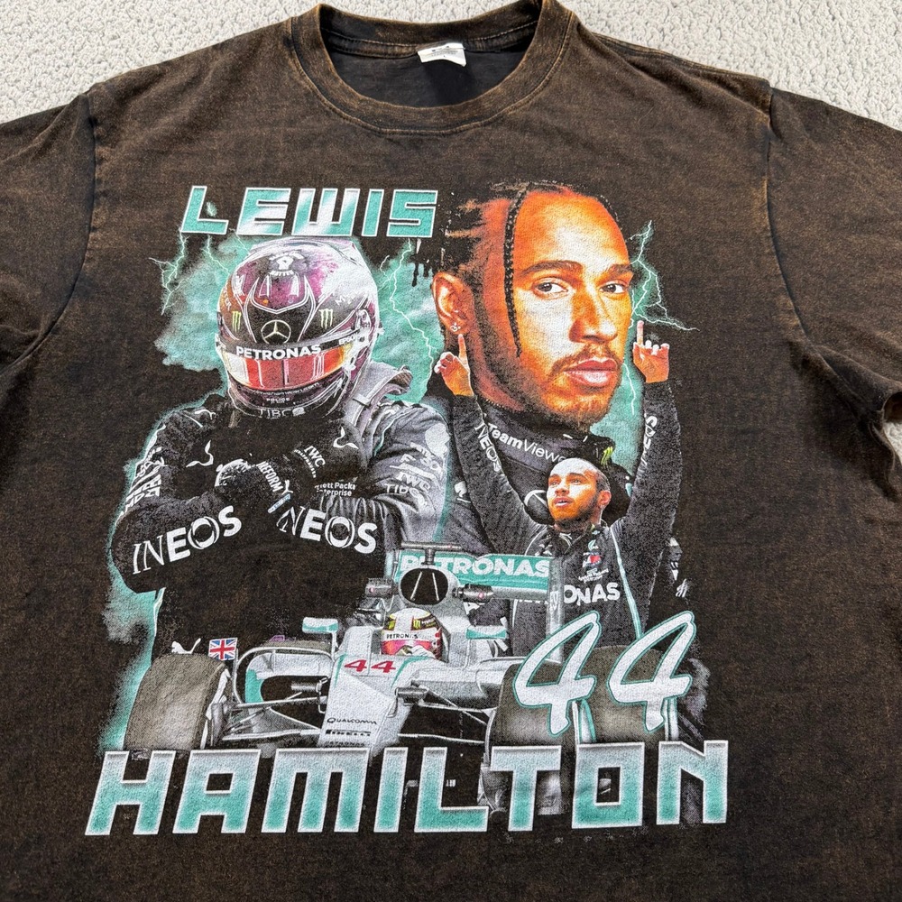 Lewis Hamilton Mercedes F1 Graphic T-Shirt Mens Large Black Acid Wash 44 Tee